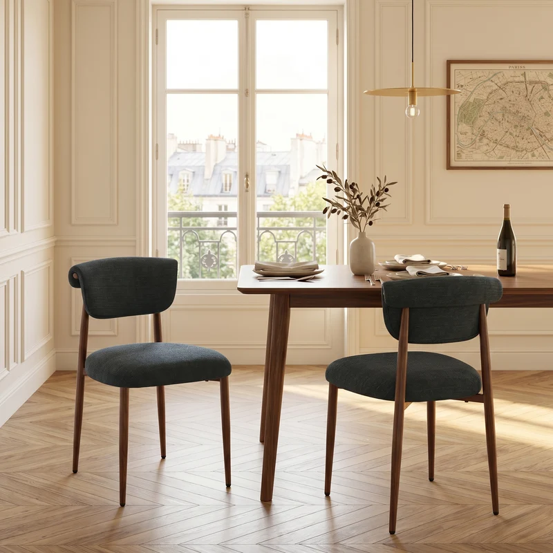 Lot de 2 chaises de salle à manger noires en lin, courbé, pieds effet noyer CLASSICBARHOME