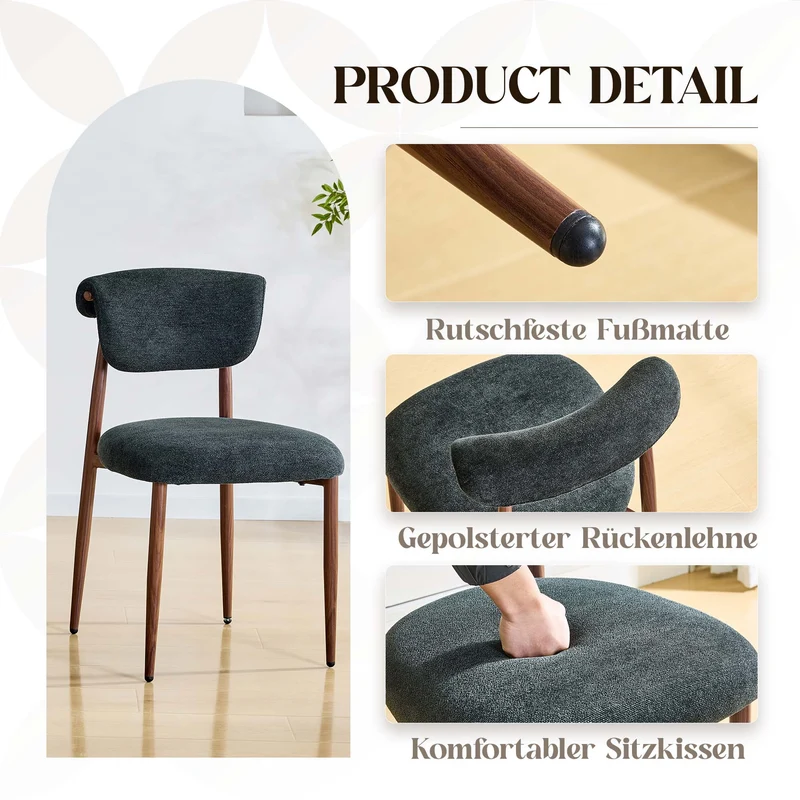 Lot de 2 chaises de salle à manger noires en lin, courbé, pieds effet noyer CLASSICBARHOME