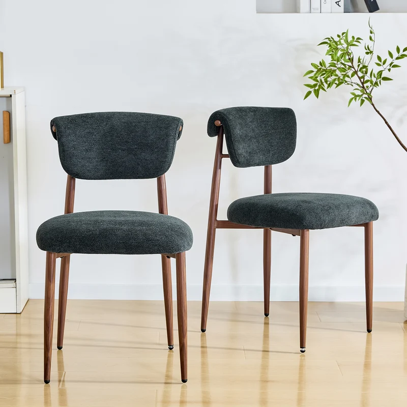 Lot de 2 chaises de salle à manger noires en lin, courbé, pieds effet noyer CLASSICBARHOME