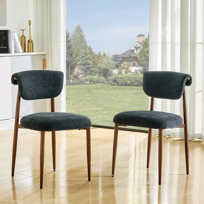 Lot de 2 chaises de salle à manger noires en lin, courbé, pieds effet noyer CLASSICBARHOME