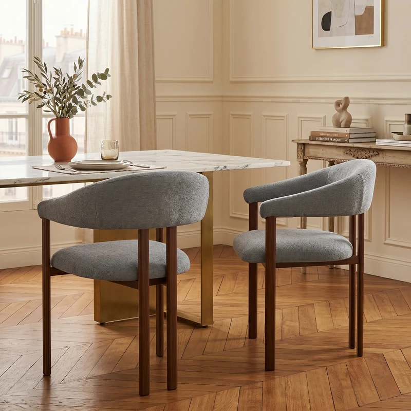 Lot de 2 chaises en lin gris clair, pieds métalliques effet bois noyer CLASSICCARTSET