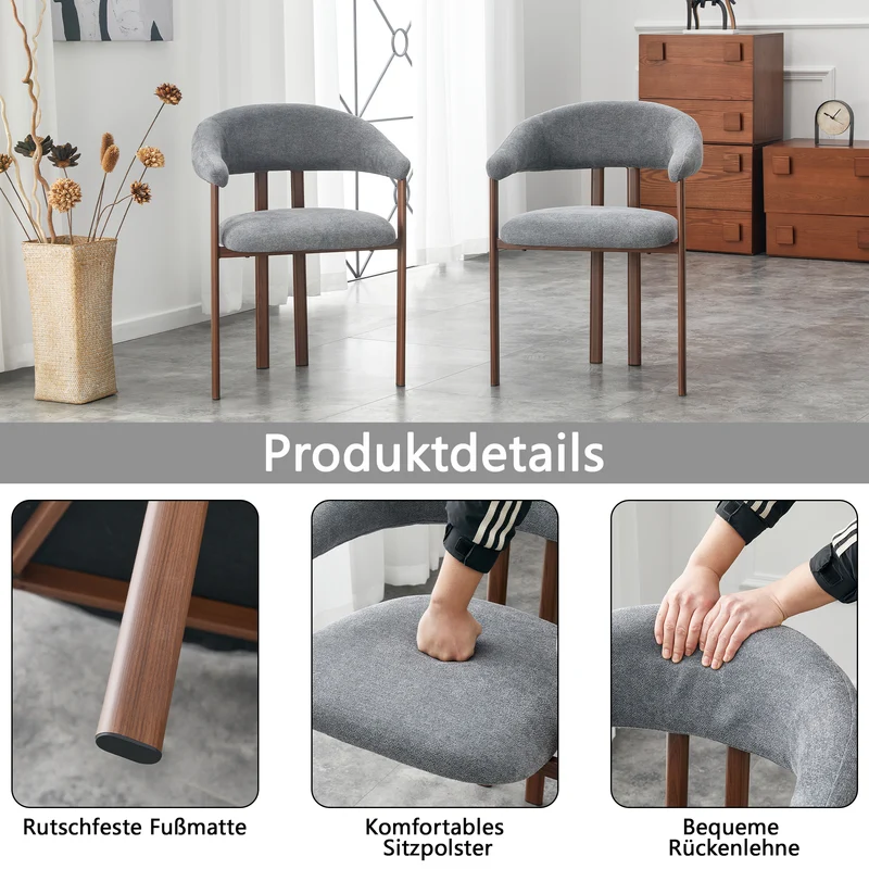 Lot de 2 chaises en lin gris clair, pieds métalliques effet bois noyer CLASSICCARTSET