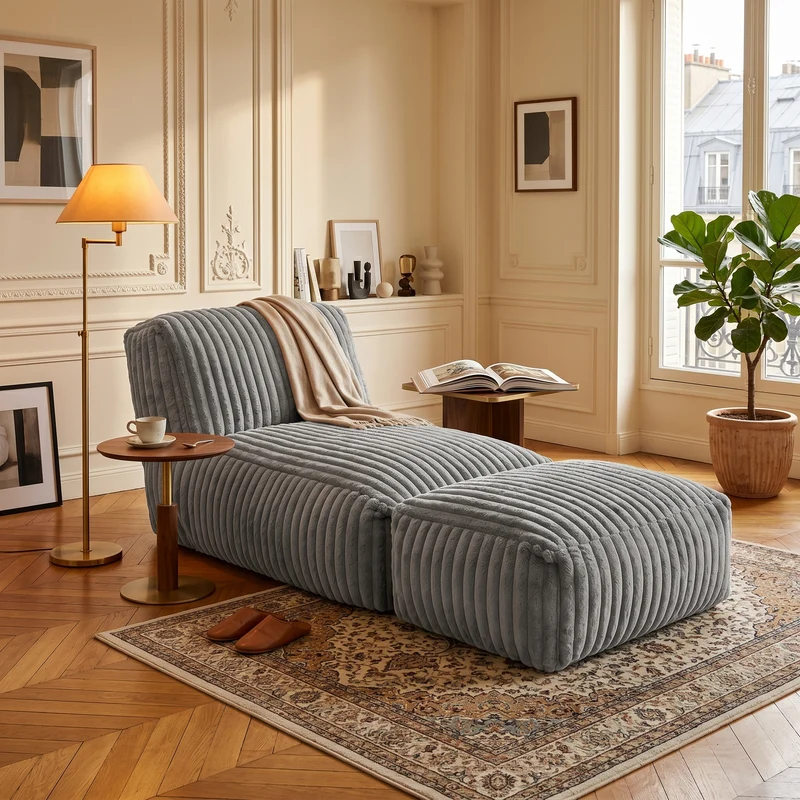 Méridienne capitonnée en flanelle gris claire, chaise longue convertible sans montage 160x80x66cm CLASSICARTART
