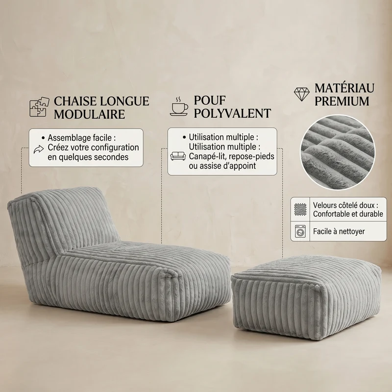 Méridienne capitonnée en flanelle gris claire, chaise longue convertible sans montage 160x80x66cm CLASSICARTART
