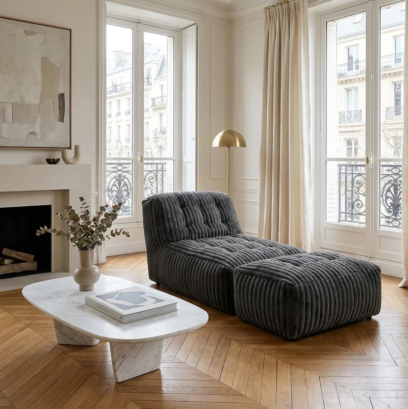 Méridienne capitonnée en flanelle gris foncé, chaise longue convertible sans montage 160x80x66cm CLASSICBENCHART