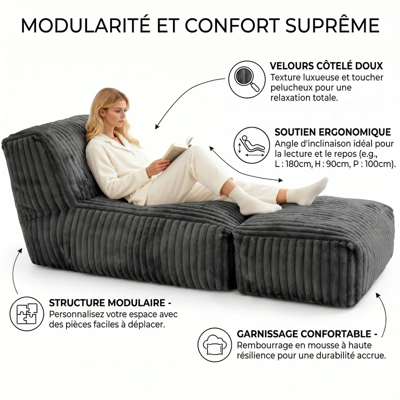 Méridienne capitonnée en flanelle gris foncé, chaise longue convertible sans montage 160x80x66cm CLASSICBENCHART
