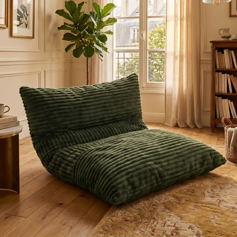 Pouf poire convertible lit flanelle côtelée vert déhoussable 180x125cm CHROMECLOCK