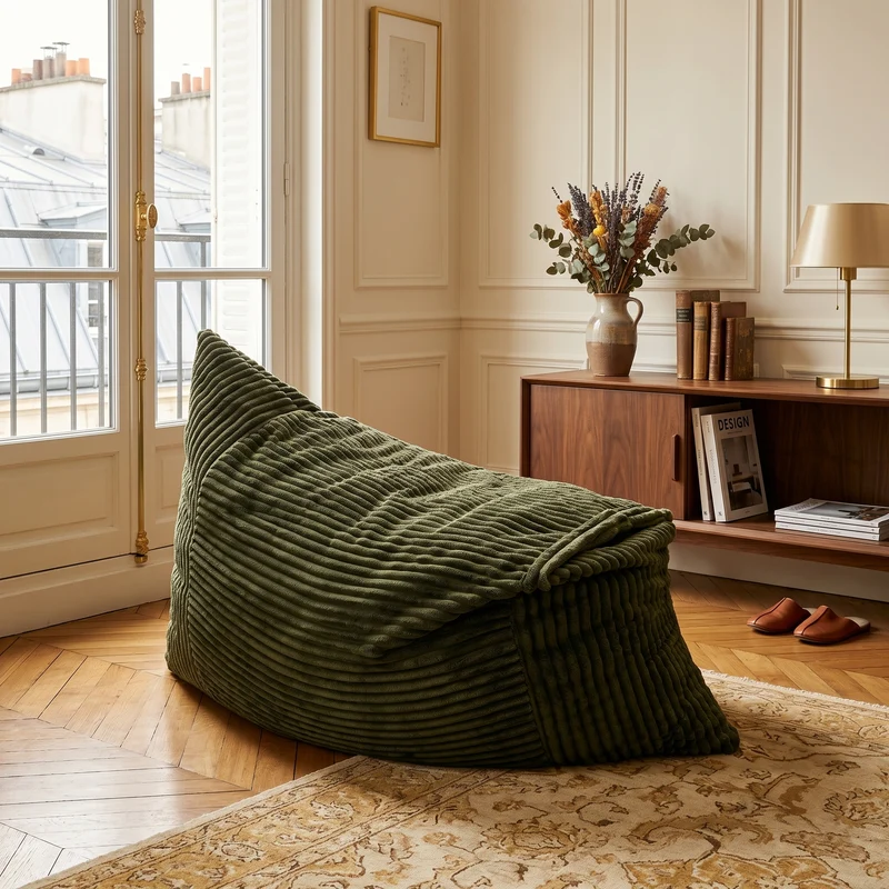Pouf poire convertible lit flanelle côtelée vert déhoussable 180x125cm CHROMECLOCK