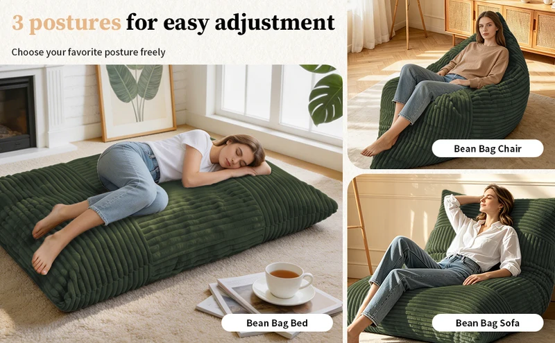 Pouf poire convertible lit flanelle côtelée vert déhoussable 180x125cm CHROMECLOCK