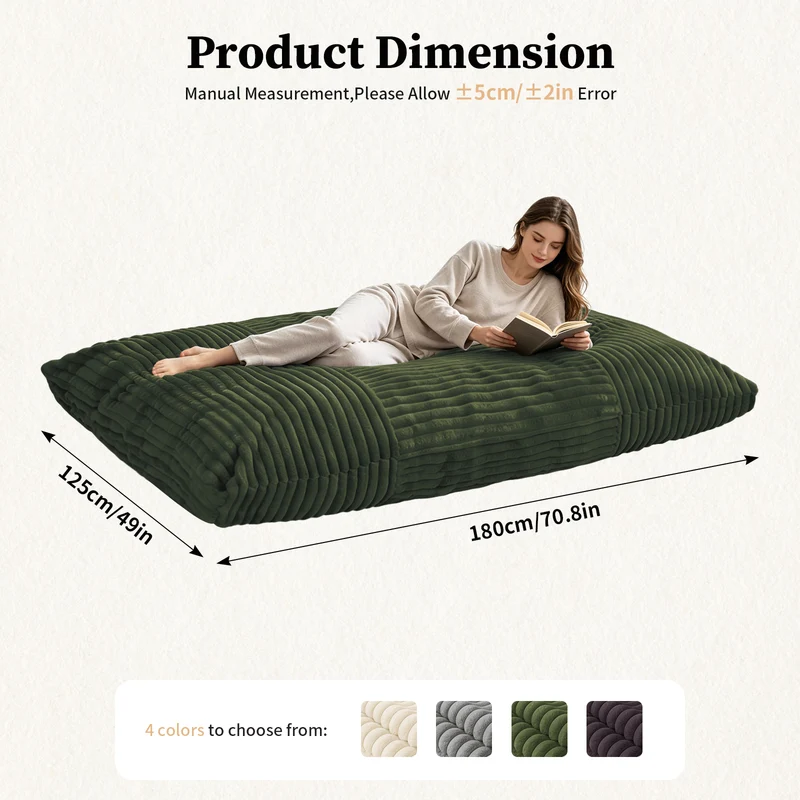 Pouf poire convertible lit flanelle côtelée vert déhoussable 180x125cm CHROMECLOCK