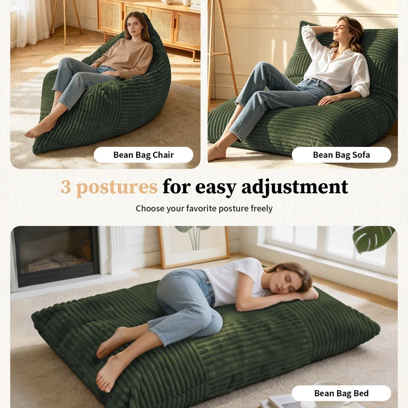 Pouf poire convertible lit flanelle côtelée vert déhoussable 180x125cm CHROMECLOCK