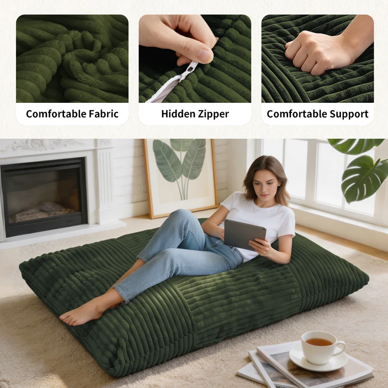 Pouf poire convertible lit flanelle côtelée vert déhoussable 180x125cm CHROMECLOCK