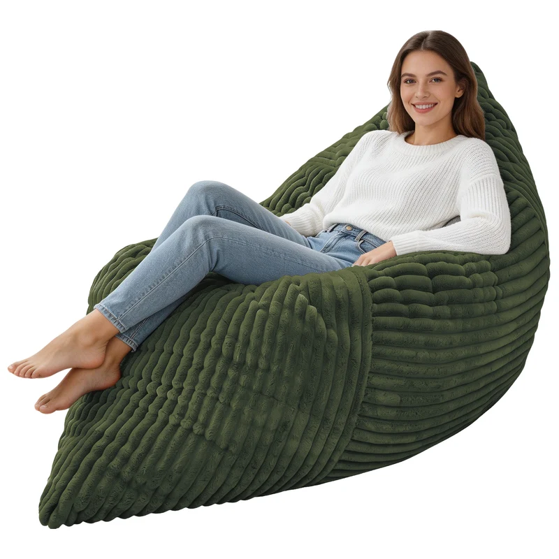 Pouf poire convertible lit flanelle côtelée vert déhoussable 180x125cm CHROMECLOCK