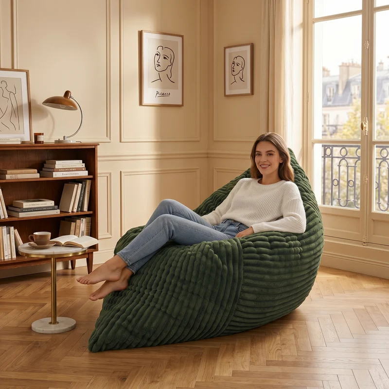 Pouf poire convertible lit flanelle côtelée vert déhoussable 180x125cm CHROMECLOCK