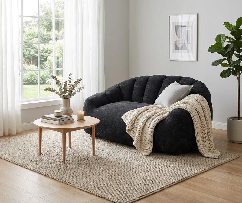 Canapé design forme de coquillage en flanelle noire avec paillettes sans montage 140x98x61cm CHROMEBED