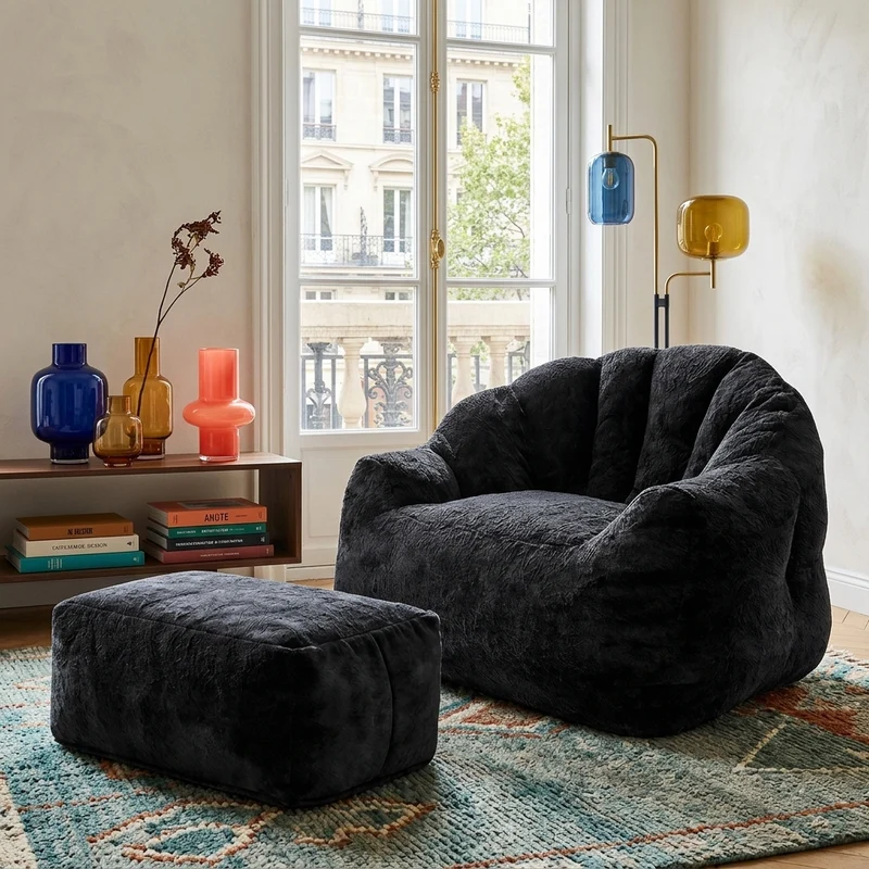 Fauteuil rond matelassé avec repose-pieds noir avec paillettes sans montage 99x86x65cm CHROMEARMOIRE