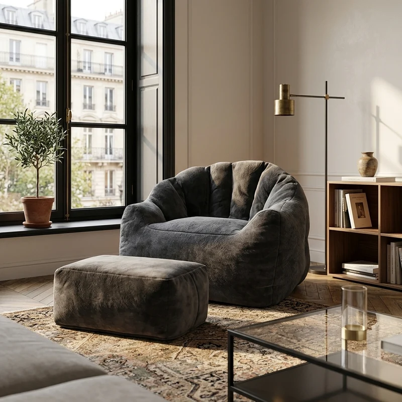 Fauteuil rond matelassé avec repose-pieds noir avec paillettes sans montage 99x86x65cm CHROMEARMOIRE