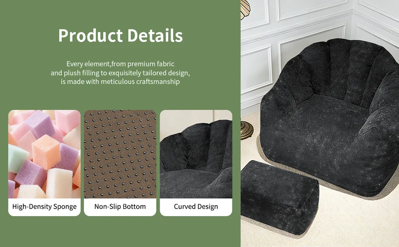 Fauteuil rond matelassé avec repose-pieds noir avec paillettes sans montage 99x86x65cm CHROMEARMOIRE