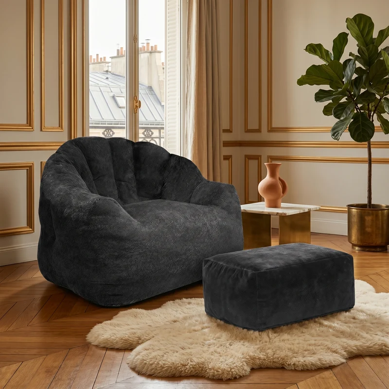 Fauteuil rond matelassé avec repose-pieds noir avec paillettes sans montage 99x86x65cm CHROMEARMOIRE