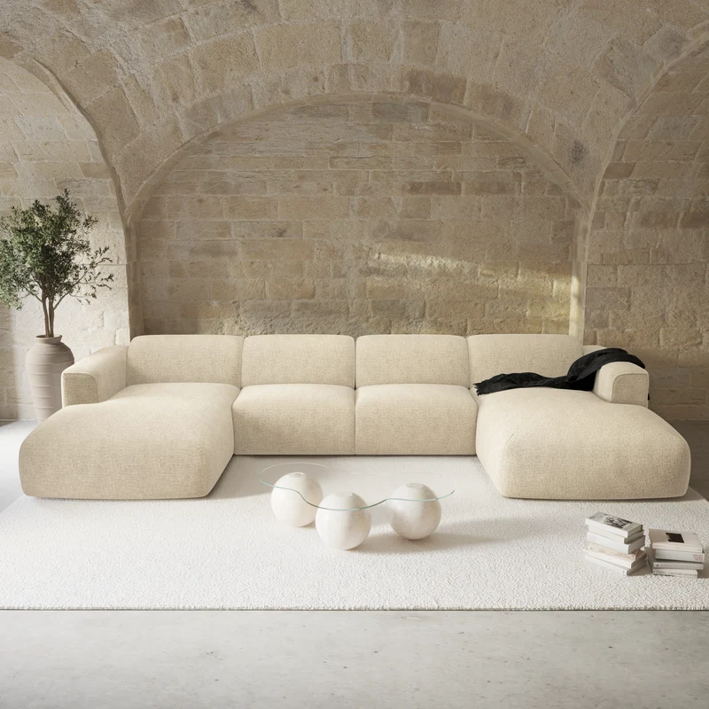 Canapé panoramique convertible express matelas Dunlopillo 140cm NOVA Velours texturé