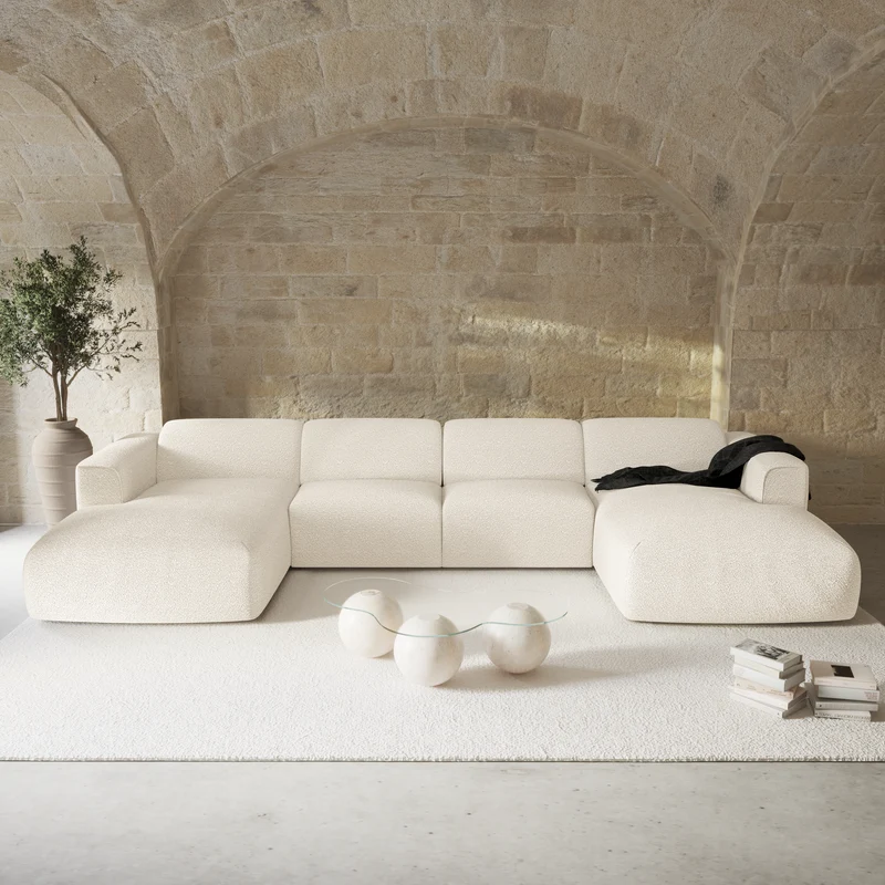 Canapé panoramique convertible express matelas Dunlopillo 140cm NOVA Tissu bouclette