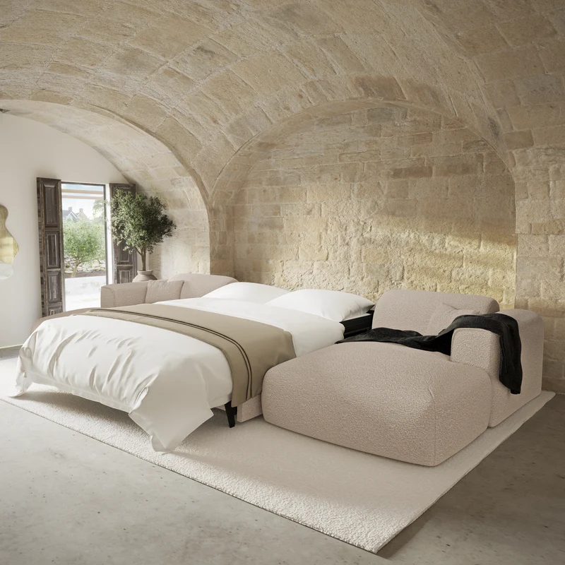 Canapé panoramique convertible express matelas Dunlopillo 140cm NOVA Tissu bouclette
