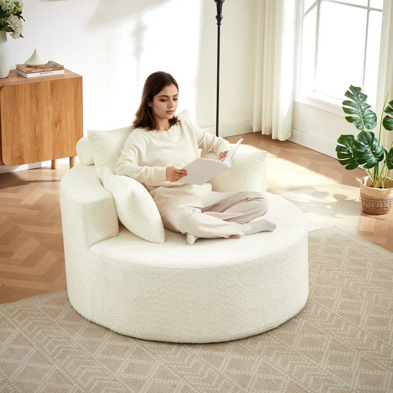 Fauteuil simple en chenille beige avec coussins, mousse sans montage BENCHWICKER