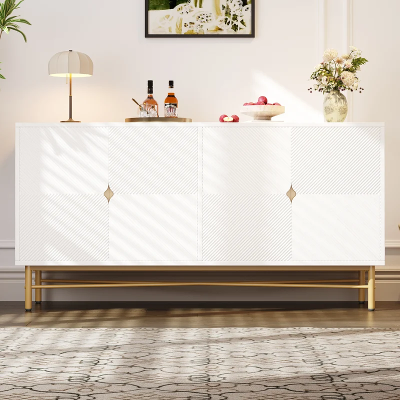 Buffet blanc motifs striés géométriques 4 portes, pieds dorés ALUMINUMBOX