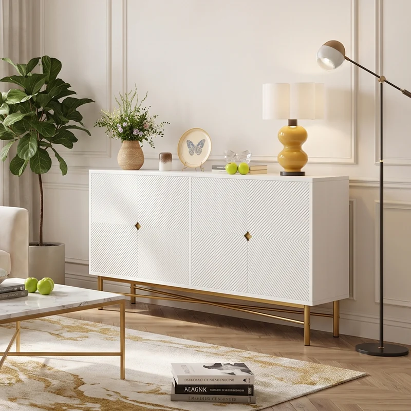 Buffet blanc motifs striés géométriques 4 portes, pieds dorés ALUMINUMBOX