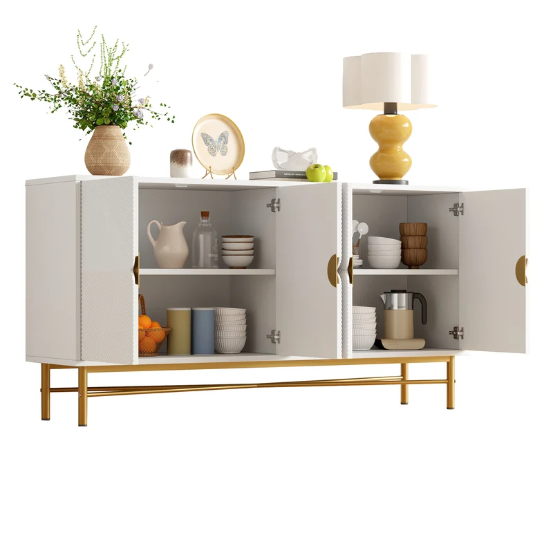 Buffet blanc motifs striés géométriques 4 portes, pieds dorés ALUMINUMBOX