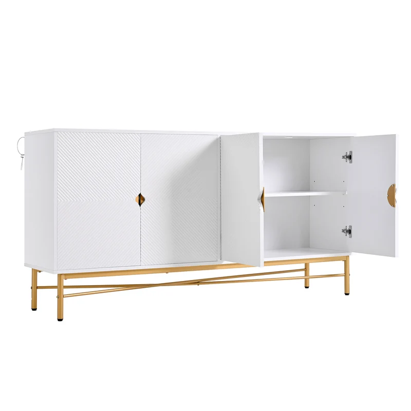 Buffet blanc motifs striés géométriques 4 portes, pieds dorés ALUMINUMBOX