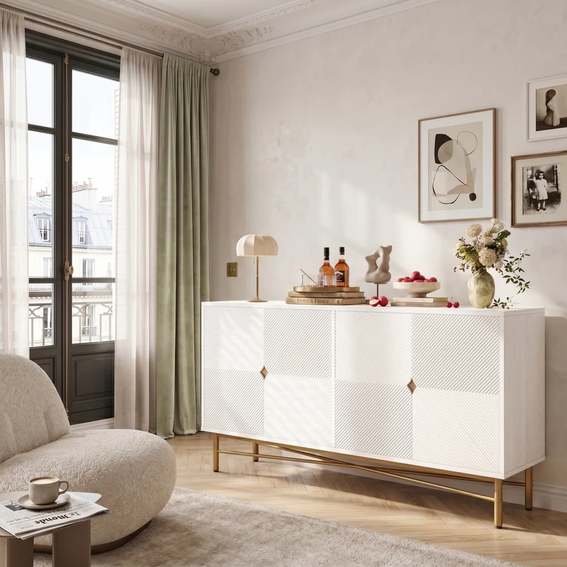 Buffet blanc motifs striés géométriques 4 portes, pieds dorés ALUMINUMBOX