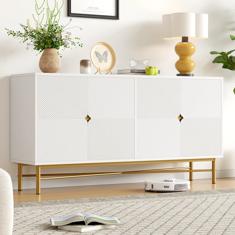 Buffet blanc motifs striés géométriques 4 portes, pieds dorés ALUMINUMBOX