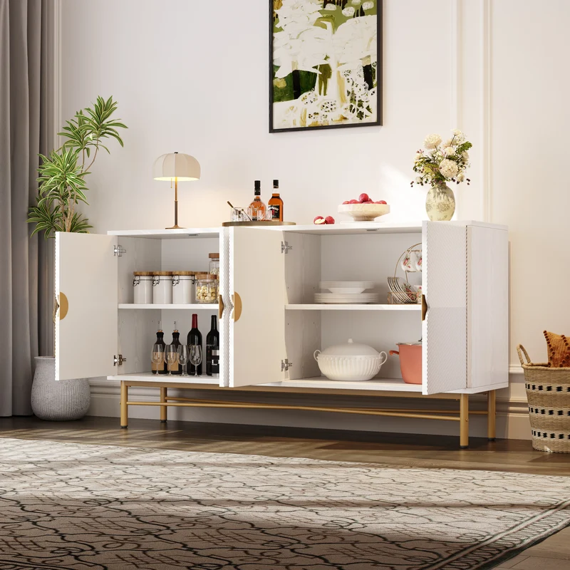 Buffet blanc motifs striés géométriques 4 portes, pieds dorés ALUMINUMBOX