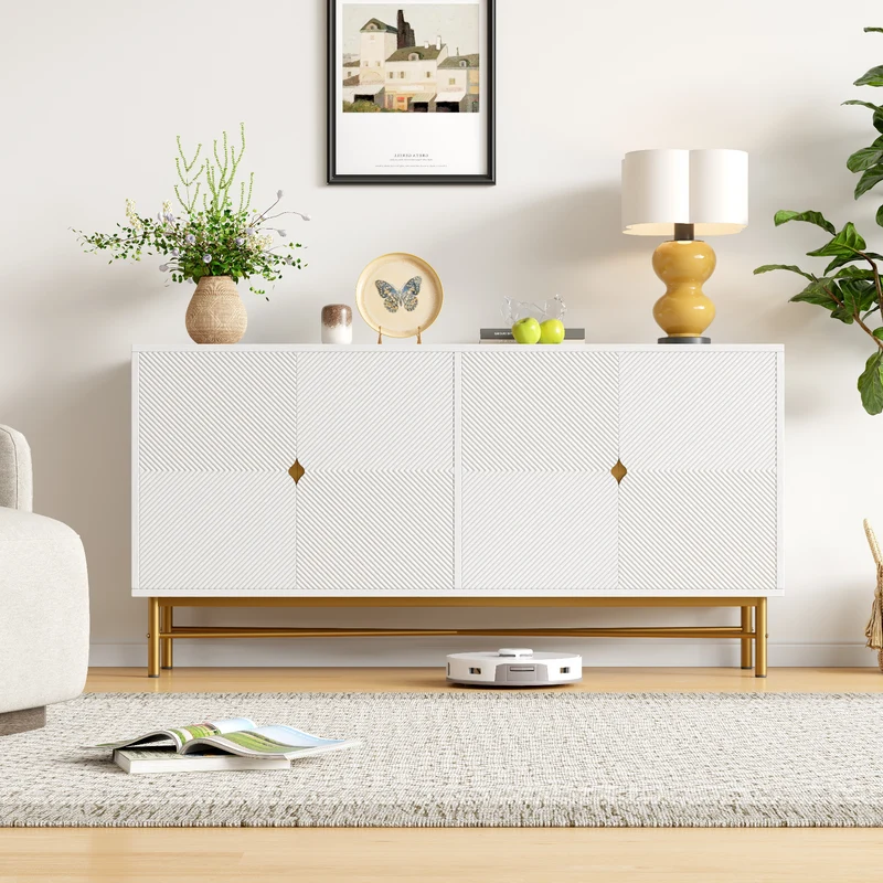Buffet blanc motifs striés géométriques 4 portes, pieds dorés ALUMINUMBOX