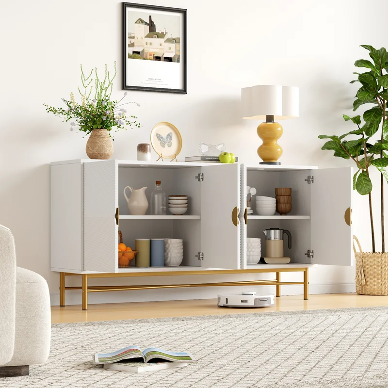 Buffet blanc motifs striés géométriques 4 portes, pieds dorés ALUMINUMBOX
