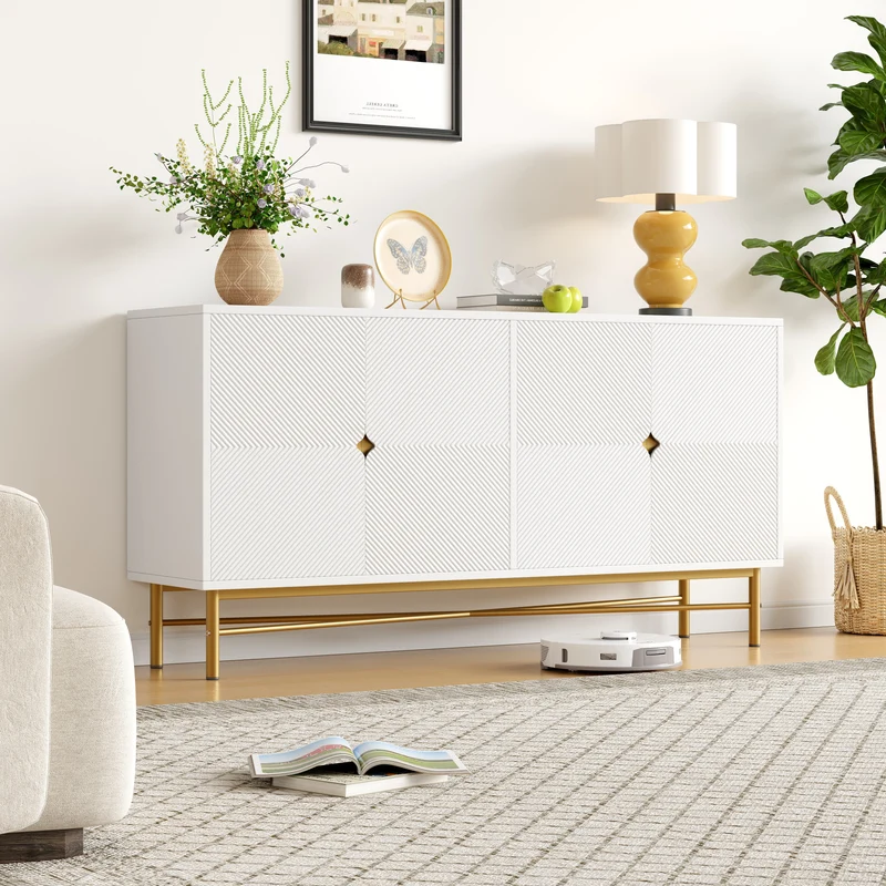 Buffet blanc motifs striés géométriques 4 portes, pieds dorés ALUMINUMBOX