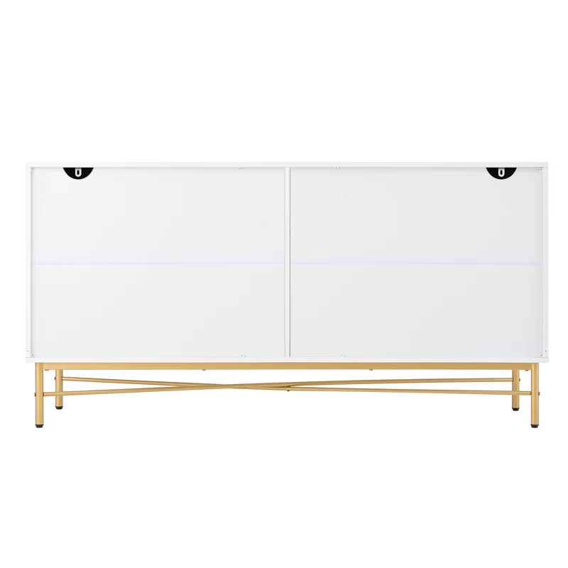 Buffet blanc motifs striés géométriques 4 portes, pieds dorés ALUMINUMBOX