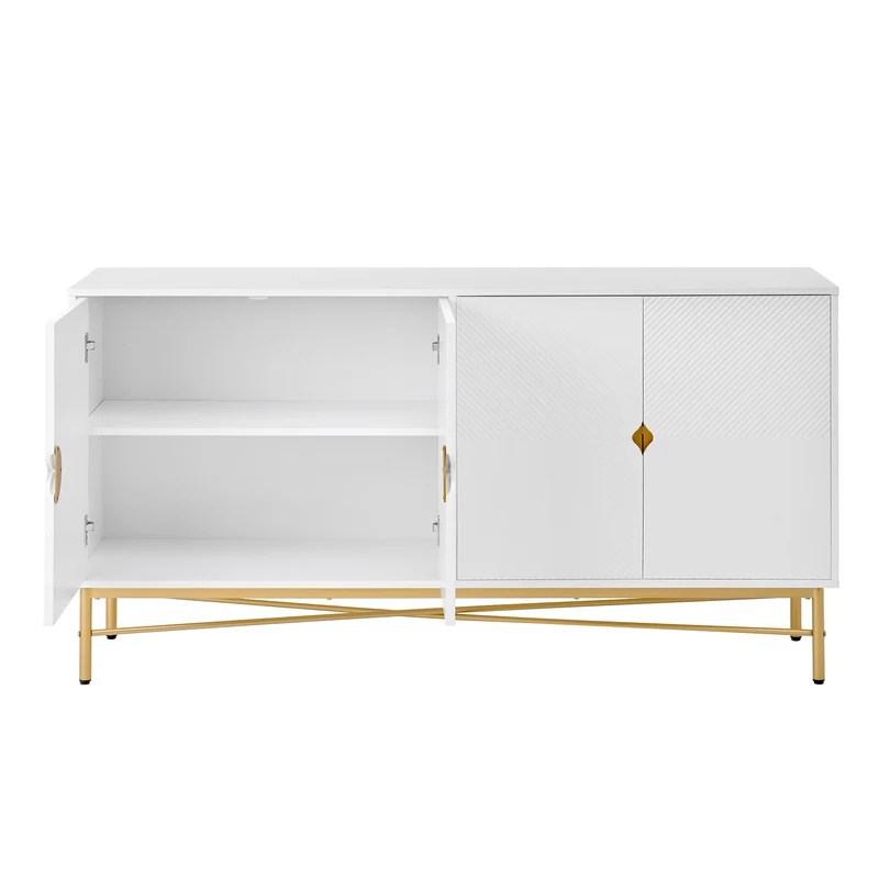 Buffet blanc motifs striés géométriques 4 portes, pieds dorés ALUMINUMBOX