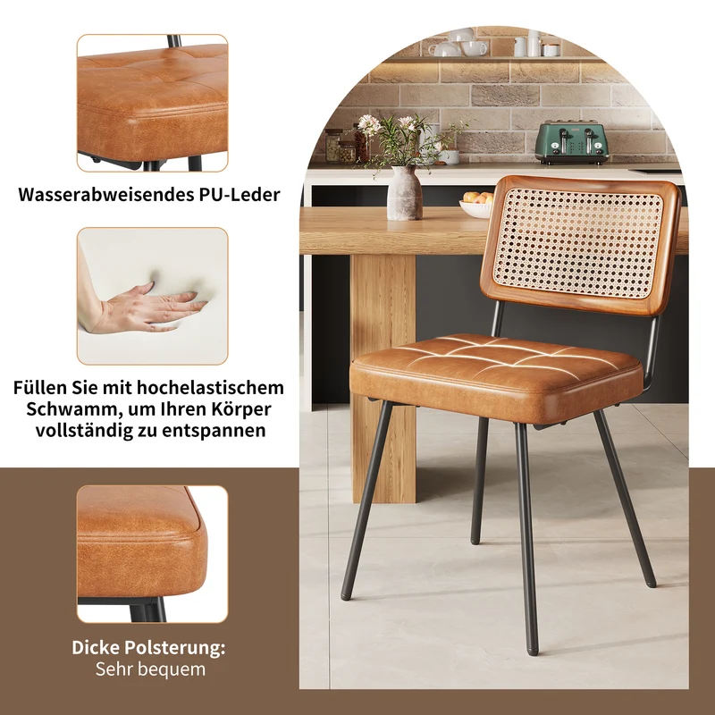 Lot de 2 chaise de salle à manger vintage en rotin PE et simili cuir marron SIRIUSGUIDE