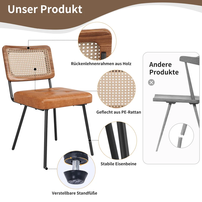 Lot de 2 chaise de salle à manger vintage en rotin PE et simili cuir marron SIRIUSGUIDE