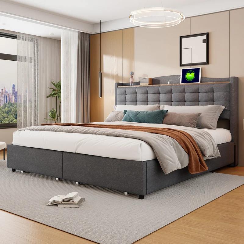 Lit king lin gris rembourré 4 tiroirs avec 2 prises USB (160*200 cm) EMPHUT DARK GREY KING
