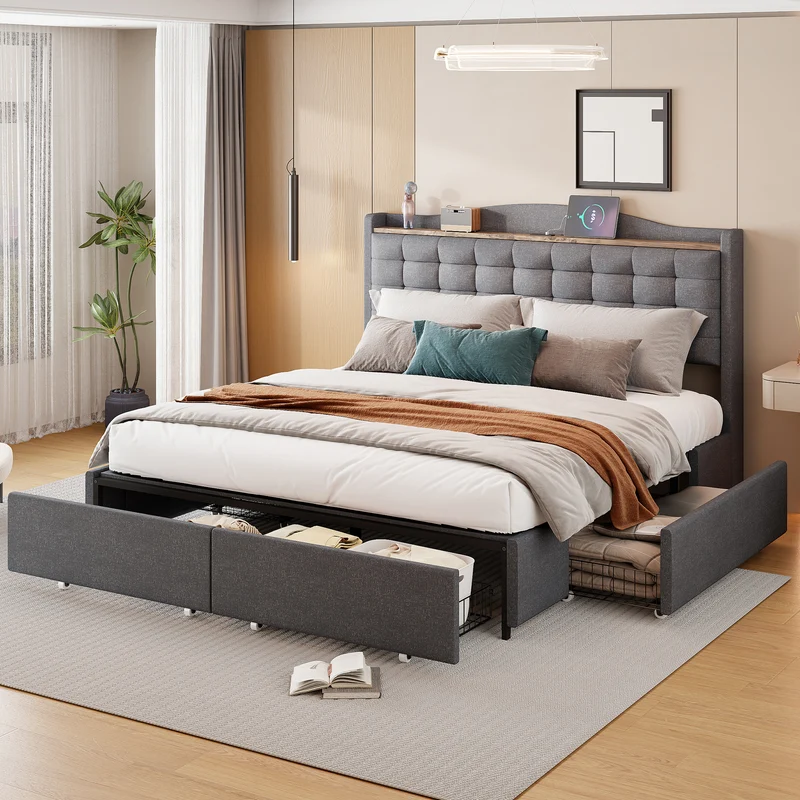 Lit king lin gris rembourré 4 tiroirs avec 2 prises USB (160*200 cm) EMPHUT DARK GREY KING