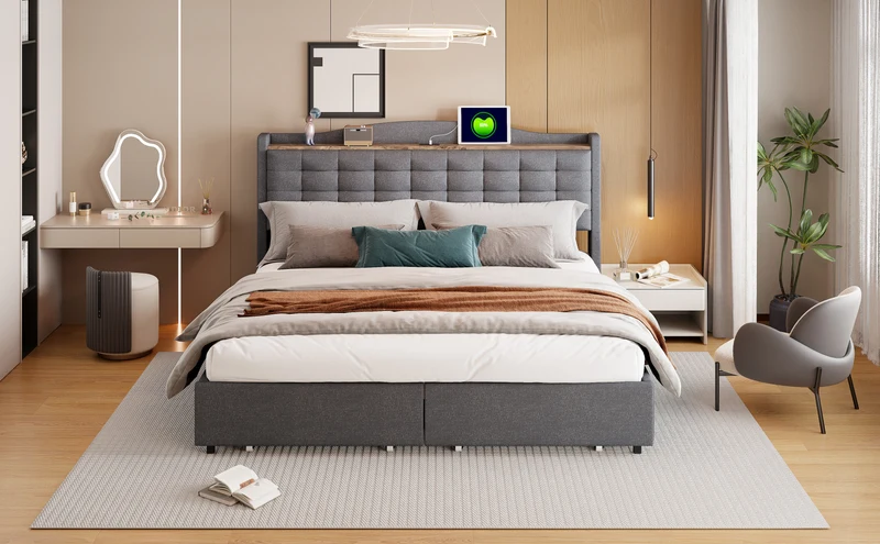 Lit king lin gris rembourré 4 tiroirs avec 2 prises USB (160*200 cm) EMPHUT DARK GREY KING