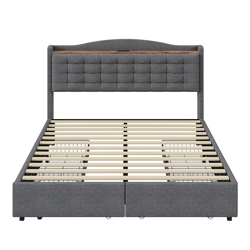 Lit king lin gris rembourré 4 tiroirs avec 2 prises USB (160*200 cm) EMPHUT DARK GREY KING
