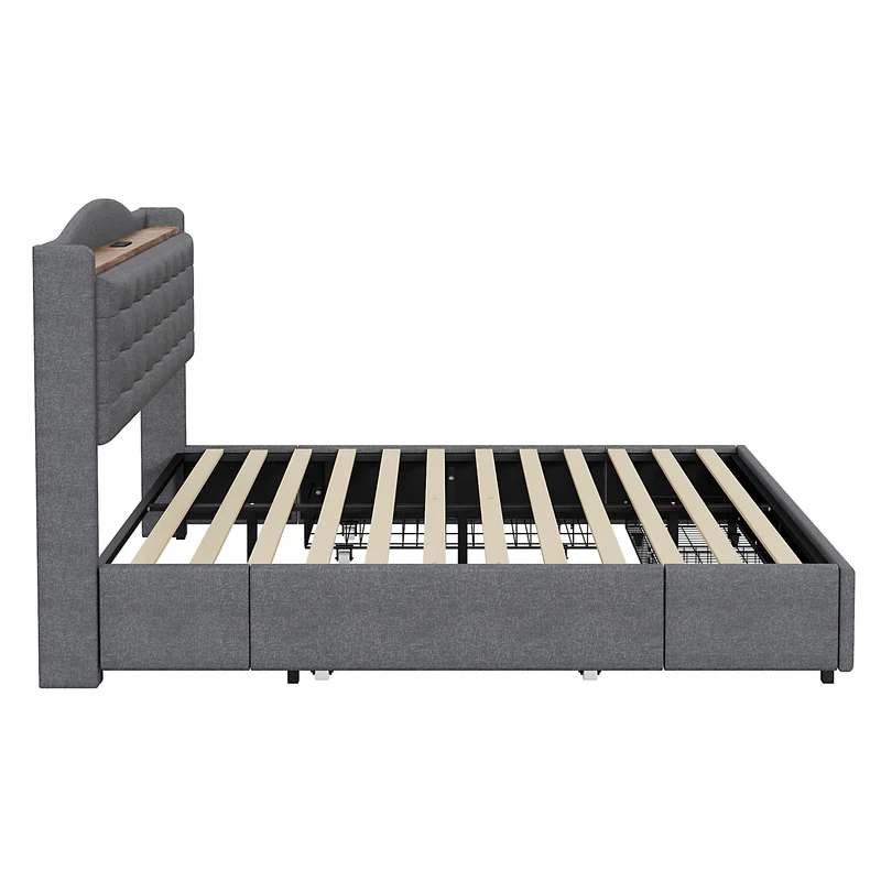 Lit king lin gris rembourré 4 tiroirs avec 2 prises USB (160*200 cm) EMPHUT DARK GREY KING