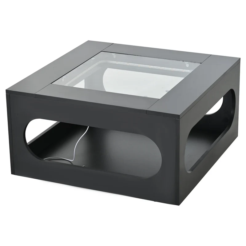 Table basse carrée noire avec plateau en verre trempé et éclairage LED 70x70x35cm UNDERTOW