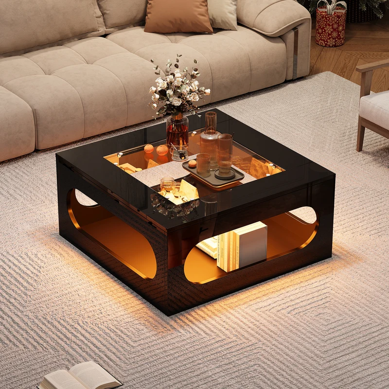 Table basse carrée noire avec plateau en verre trempé et éclairage LED 70x70x35cm UNDERTOW