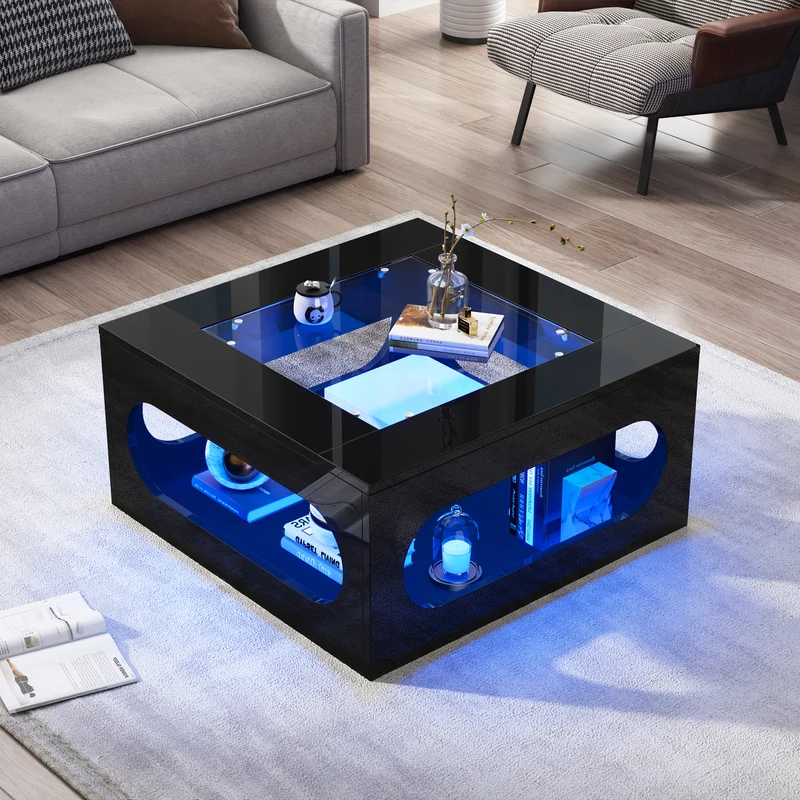 Table basse carrée noire avec plateau en verre trempé et éclairage LED 70x70x35cm UNDERTOW