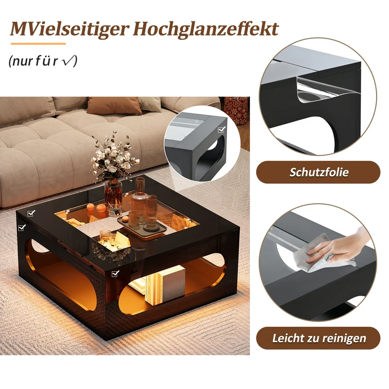 Table basse carrée noire avec plateau en verre trempé et éclairage LED 70x70x35cm UNDERTOW